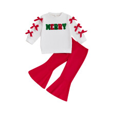(4 Years, Red) Mädchen-Hosen-Set, Sweatshirt mit bestickten Buchstaben und Schlaghose – Weihnachtsoutfit