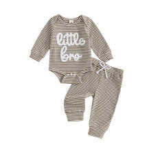 (Newborn, Khaki) Conjunto de 2 piezas de pantalones para bebé niño, mono de rayas con bordado de letras y manga larga
