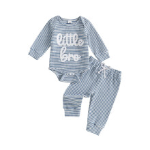 (Newborn, Blue) Conjunto de 2 piezas de pantalones para bebé niño, mono de rayas con bordado de letras y manga larga