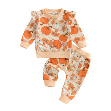 (18-24 Months, Orange) Halloweenské oblečení pro miminka s dlouhým rukávem a květinovým potiskem dýně, sada oblečení pro kojence.