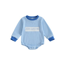 (3-6 Months, Blue) Babyjongens herfst jumpsuit met lange mouwen, ronde hals en borduursel van de letter Jezus.
