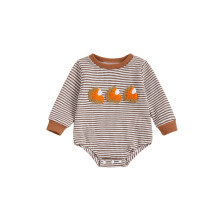 (0-3 Months, Khaki) Rompertje voor babyjongens, lange mouwen, ronde hals, gestreept met borduursel, herfstkleding, Thanksgiving-kleding