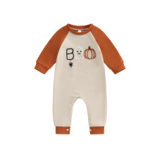 (6-12 Months, Khaki) Baba Halloween Romper Tök Betű Szellem Pók Hímzés Kontraszt Színű Hosszú Ujjú Jumpsuit Őszre