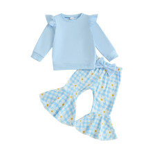 (12-18 Months, Blue) Mädchen-Hosen-Set, Langarm-Sweatshirt mit karierter Schlaghose mit Blumenmuster