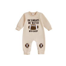 (3-6 Months, Khaki) Baby herfst jumpsuit casual lange mouwen ronde hals voetbal geborduurd romper voetloze pasgeboren outfit