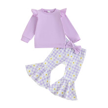 (12-18 Months, Purple) Mädchen-Hosen-Set, Langarm-Sweatshirt mit karierter Schlaghose mit Blumenmuster