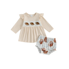 (18-24 Months, Apricot) Zweiteiliges Outfit für Kleinkindermädchen: Langarmshirt mit Rugby-Print und elastische Shorts – süßes Mode-Set