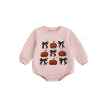 (0-3 Months, Beige) Dívčí halloweenský overal s dlouhým rukávem, kulatým výstřihem, mašlí, potiskem dýně/duchů