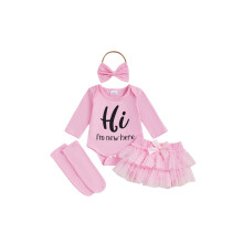 (3-6 Months, Pink) Dívčí kraťasy, overal s dlouhým rukávem a potiskem písmen, tylové kraťasy, čelenkové ponožky
