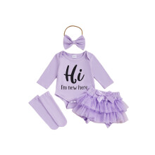 (3-6 Months, Purple) Dívčí kraťasy, overal s dlouhým rukávem a potiskem písmen, tylové kraťasy, čelenkové ponožky
