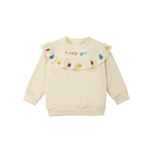 (6-7 Years, Beige) Sudadera infantil para niñas, manga larga, cuello redondo, bordado de letras y estampado de frutas.