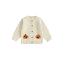 (6-9 Months, White) Dziewczęcy sweter z dzianiny na Halloween z długim rękawem i okrągłym dekoltem, z haftem dyniowym