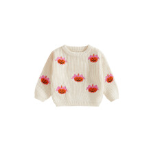 (3-4 Years, White) Suéter de Halloween para niña pequeña, manga larga, cuello redondo, lazo, bordado de calabaza, jersey de punto.
