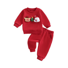 (12-18 Months, Red) Taaperon ja vauvan jouluasu poro-joulukuusi joulupukki pyöreäkauluksinen pitkähihainen pusero ja housut, 2 kpl setti