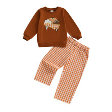 (3-4 Years, Brown) 2-teiliges Herbst-Outfit für Babys: Langarm-Sweatshirt mit Fußball- und Kürbismotiv + Hose (bestickt)