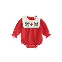(3-6 Months, Red) Tutina natalizia per bambina, maniche lunghe, ricamo a omino di pan di zenzero, fiocco, colletto a bambola.