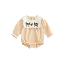 (12-18 Months, Apricot) Tutina natalizia per bambina, maniche lunghe, ricamo a omino di pan di zenzero, fiocco, colletto a bambola.