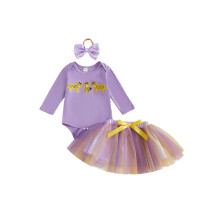 (12-18 Months, Purple) Vauvan tyttövauvan syysasu, tiikerikirjailtu pitkähihainen body, miniverkkohame ja rusettipanta, 3 kpl setti