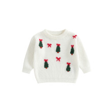 (3-4Y Years, White) Jersey de punto de manga larga con cuello redondo y bordado de lazo y árbol para niño/niña.