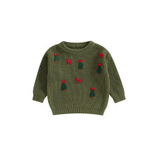 (12-18 Months, Green) Jersey de punto de manga larga con cuello redondo y bordado de lazo y árbol para niño/niña.