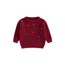 (12-18 Months, Red) Jersey de punto de manga larga con cuello redondo y bordado de lazo y árbol para niño/niña.