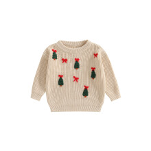 (2-3 Years, Beige) Jersey de punto de manga larga con cuello redondo y bordado de lazo y árbol para niño/niña.