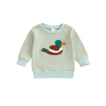 (3-4 Years, Green) Sudadera de otoño para niño y niña, con bordado de pato, manga larga, cuello redondo y rayas, tipo jersey gofrado.