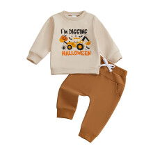 (12-18 Months, Beige) Chlapčenské halloweenske nohavice s dlhým rukávom, výstrihom do O a potlačou tekvice, jednofarebnými nohavicami