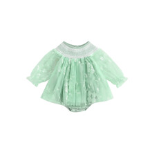 (3-6 Months, Green) Tutina arricciata per neonata, graziosa tutina a maniche lunghe con ricami floreali, vestitino in tulle per neonata