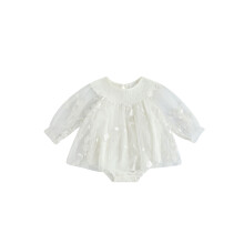 (9-12M, WHITE) Tutina arricciata per neonata, graziosa tutina a maniche lunghe con ricami floreali, vestitino in tulle per neonata