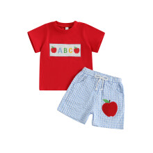 (5 Years, Red) Schulanfangsoutfit für Jungen, Kurzarm-T-Shirt mit Alphabetstickerei und karierter Shorts, Kleinkind-Sommerset
