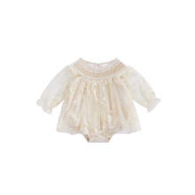 (12-18M, Beige) Tutina arricciata per neonata, graziosa tutina a maniche lunghe con ricami floreali, vestitino in tulle per neonata