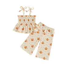 (12-18 Months, Beige) Ensemble 2 pièces pour petite fille : haut babydoll à bretelles spaghetti et smocks citrouille, pantalon large.