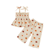 (4-5 Years, Apricot) Ensemble 2 pièces pour petite fille : haut babydoll à bretelles spaghetti et smocks citrouille, pantalon large.