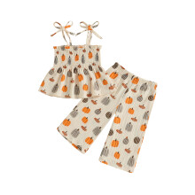 (18-24 Months, Yellow) Ensemble 2 pièces pour petite fille : haut babydoll à bretelles spaghetti et smocks citrouille, pantalon large.
