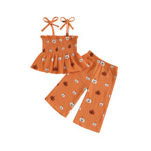 (9-12 Months, Orange) Ensemble 2 pièces pour petite fille : haut babydoll à bretelles spaghetti et smocks citrouille, pantalon large.