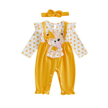 (12-18 Months, Yellow) Completo da bambina composto da tutina a due pezzi con orsetto, volant e maniche lunghe, con cerchietto a fiocco.