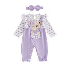 (6-9 Months, Purple) Completo da bambina composto da tutina a due pezzi con orsetto, volant e maniche lunghe, con cerchietto a fiocco.