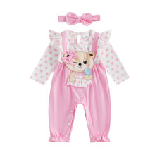 (3-6 Months, Pink) Completo da bambina composto da tutina a due pezzi con orsetto, volant e maniche lunghe, con cerchietto a fiocco.