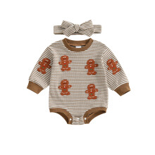 (3-6 Months, Khaki) Pelele para bebé niña, ropa navideña, bodys bordados con árbol de Navidad/hombre de jengibre, monos con diadema.
