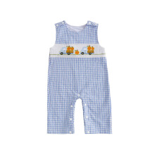 (6-12 Months, Blue) Mono de Halloween para bebé niño a cuadros, sin mangas, cuello redondo, bordado de camión y calabaza.