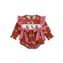 (12-18 Months, Red) Tutina natalizia a quadri per bambina con stampa di renne, maniche lunghe, scollo rotondo e fiocco 3D.