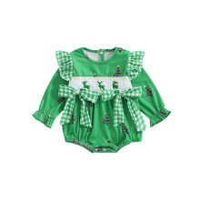 (3-6 Months, Green) Tutina natalizia a quadri per bambina con stampa di renne, maniche lunghe, scollo rotondo e fiocco 3D.