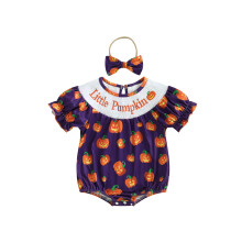 (0-3 Months, Purple) Dívčí overaly, halloweenské oblečení s výšivkou a dýňovým potiskem, body s krátkým rukávem a čelenkou.