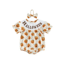 (6-12 Months, Orange) Dívčí overaly, halloweenské oblečení s výšivkou a dýňovým potiskem, body s krátkým rukávem a čelenkou.