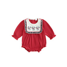 (12-18 Months, Red) Tutina da bambina a maniche lunghe con scollo rotondo e ricamo a mucca, con volant, perfetta per l'autunno.