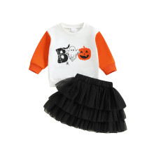 (6-12 Months, Orange) Dětská dívčí sukně s dlouhým rukávem a potiskem duchů a dýní, dvoudílný outfit na Halloween
