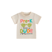 (3-4 Years, Beige) Tricou de vară pentru fete, cu mânecă scurtă, cu guler rotund, imprimare cu litere, croială lejeră