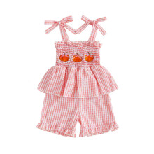 (2-3 Years, Pink) Halloween-Kleidung für Kinder, Mädchen, besticktes Kürbis-Unterhemd mit karierten Shorts, 2-teiliges Sommer-Outfit