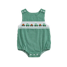 (0-3 Months, Green) Mono de bebé niño a cuadros de otoño con bordado de calabaza y camión de Halloween, cuello redondo y sin mangas.